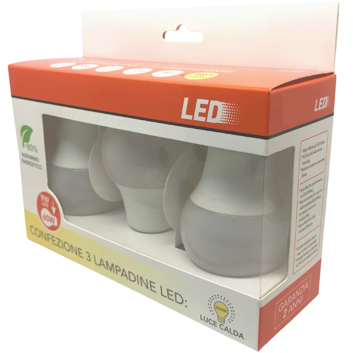 Promo Pack 3x Lampadina led E27 9W Goccia A60 luce calda naturale