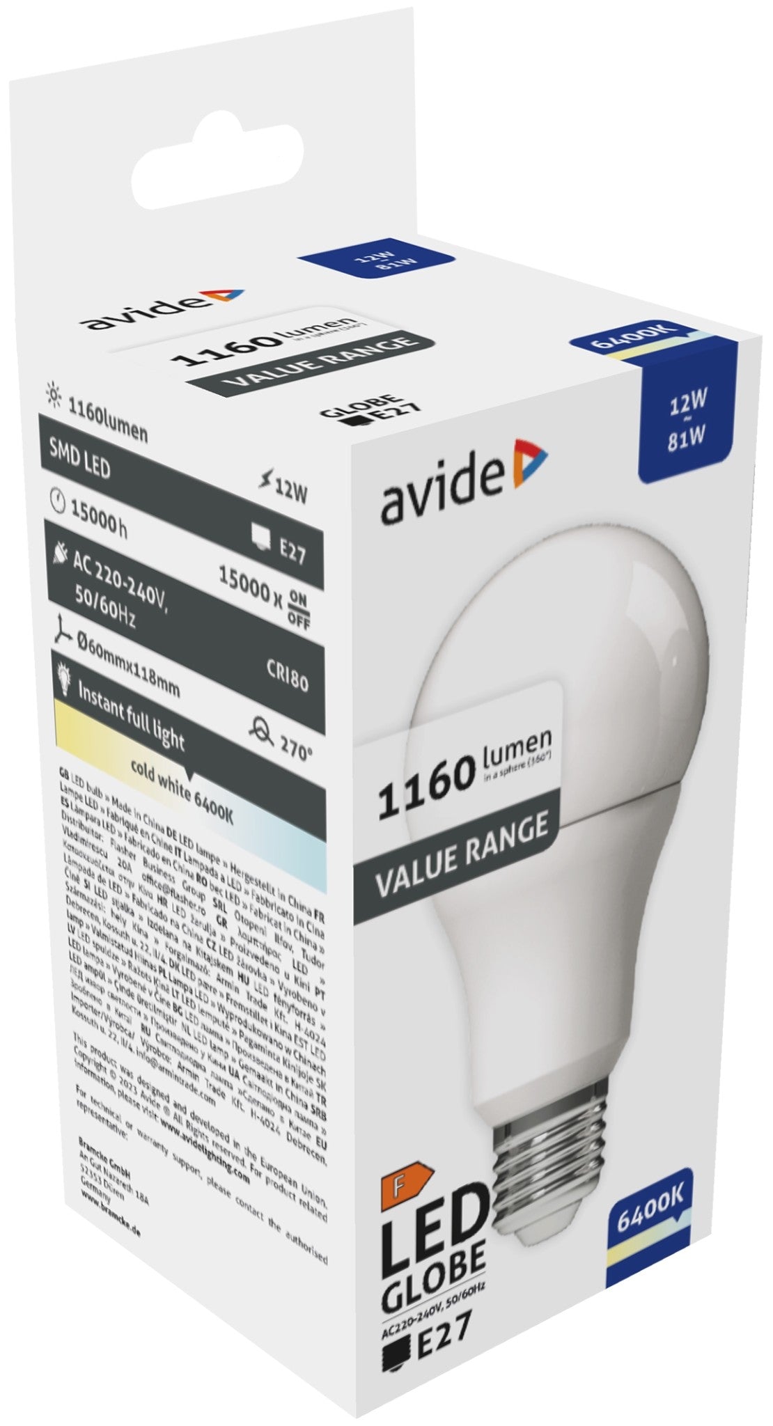 10 Lampade Led 12W E27 luce Fredda 6400K Avide