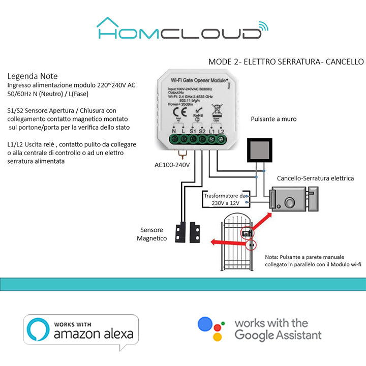 Modulo Cancelli/Garage ed Elettroserrature Wi-Fi 1CH incasso