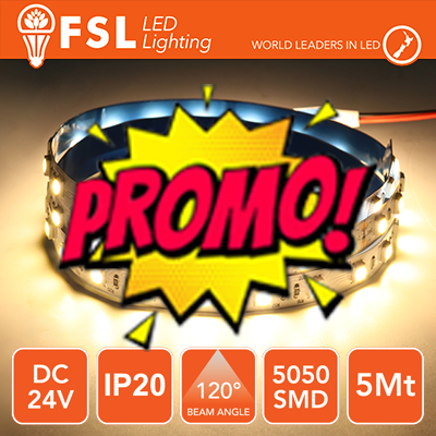 Striscia LED 5m IP20 5050 24V - 12W/m 60led/m 3000K