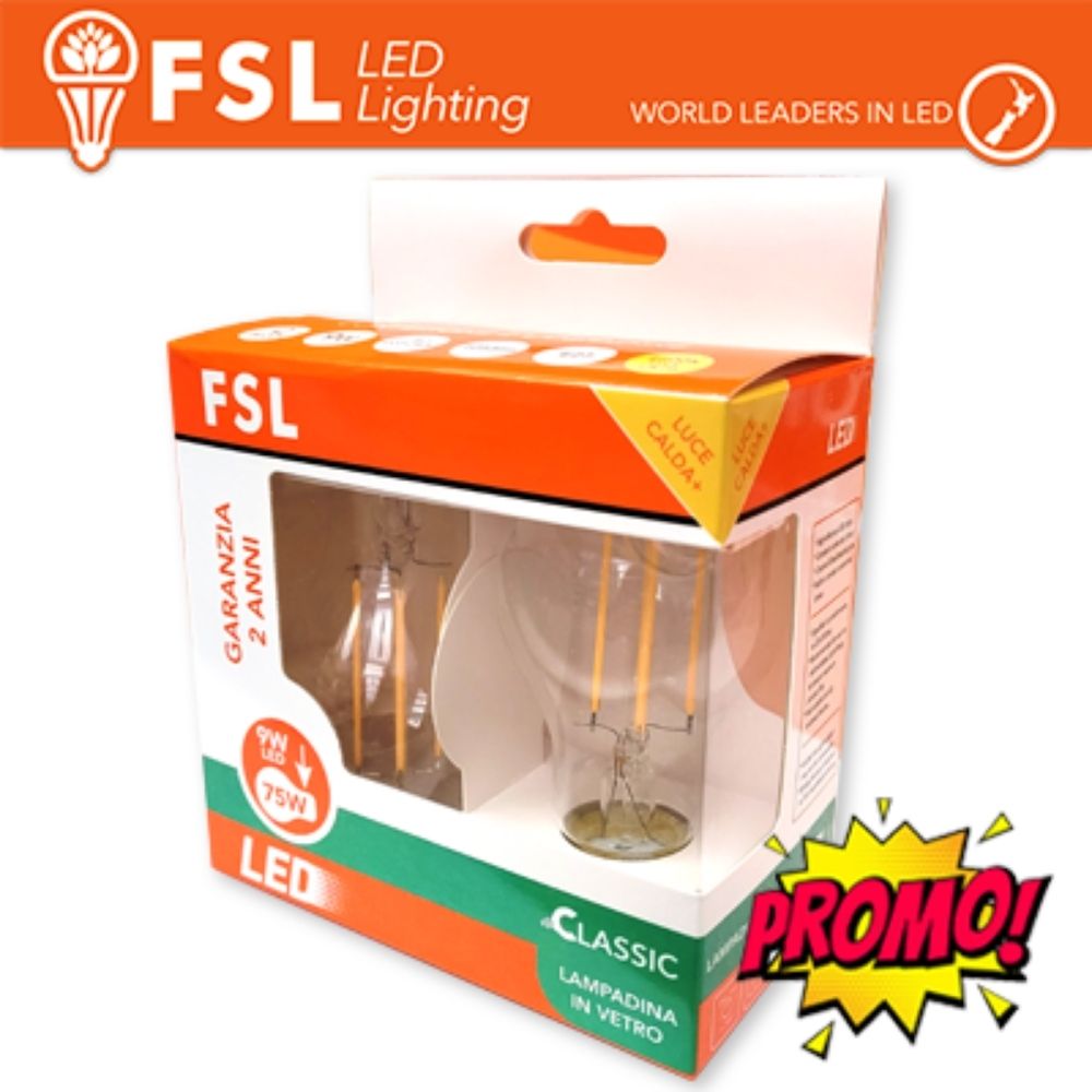 Lampada led a filamento in vetro Trasparente Goccia 9W E27 PROMO 2PACK